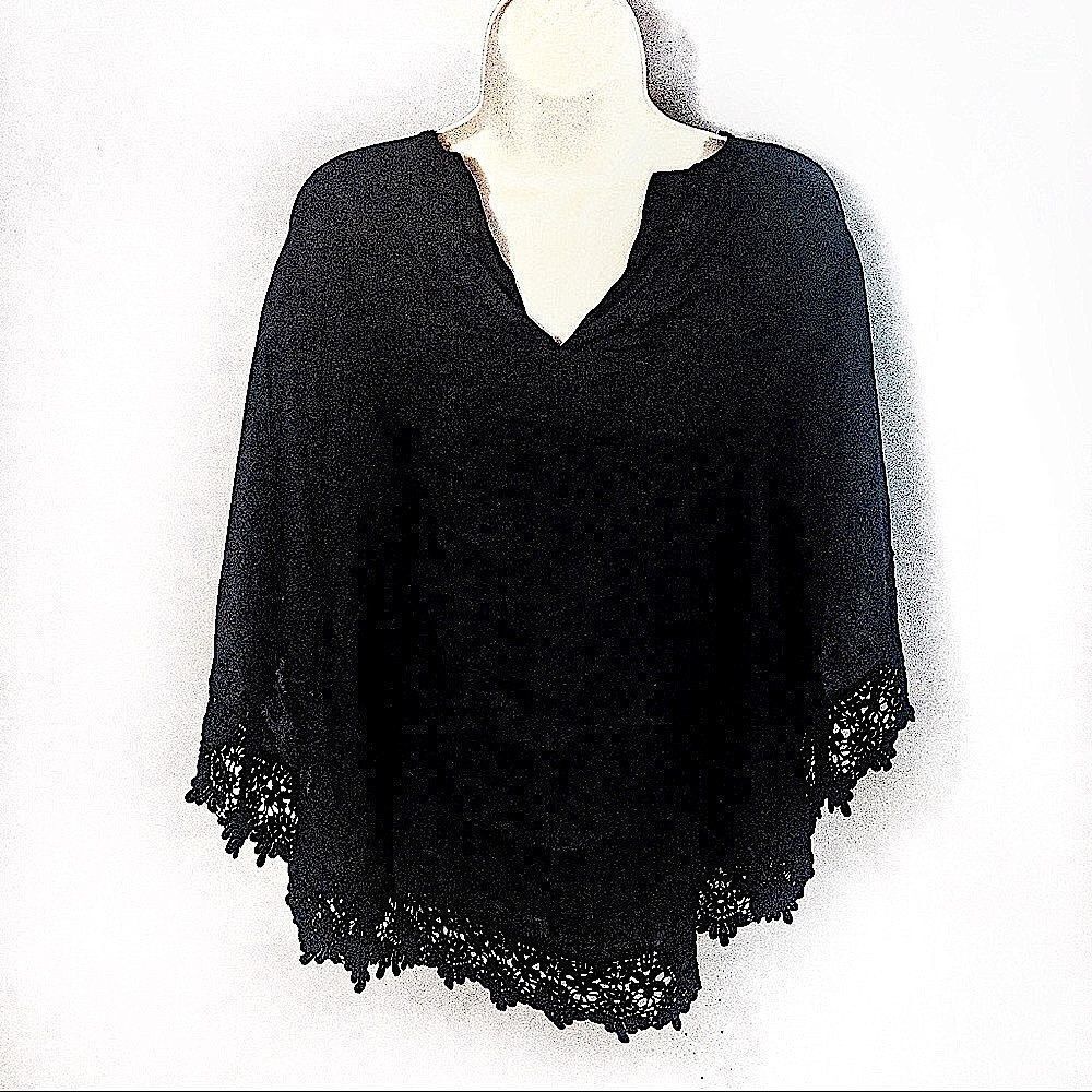 Black Linen Batwing Poncho Top Made in Italy Sz S/M